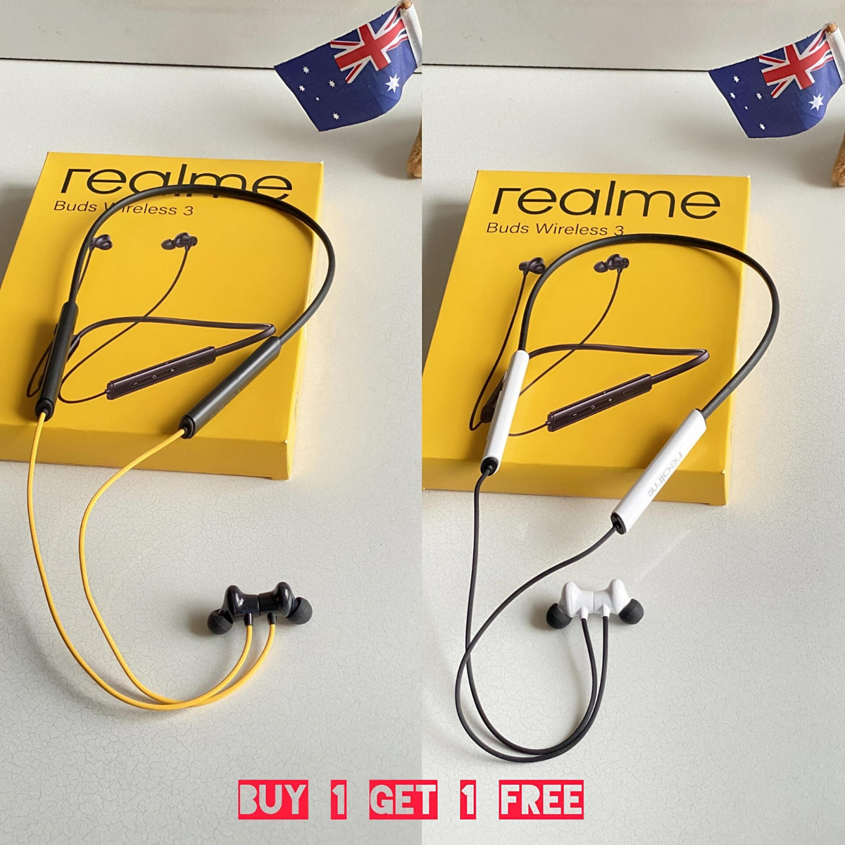 Two pairs of Realme Buds Wireless 3 neckband earphones are shown side by side on top of yellow packaging boxes. The left pair has a yellow and black cable with black earbuds, and the right pair has a black and white cable with white earbuds.