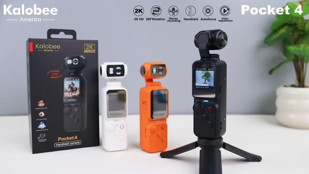 Kaloabee Pocket 4 handheld action camera shown alongside its retail box, with three color variants displayed on a tabletop: black on a small tripod, white, and orange. A potted plant is visible in the background, and feature icons and the text 'Kaloabee America' and 'Pocket 4' appear at the top.